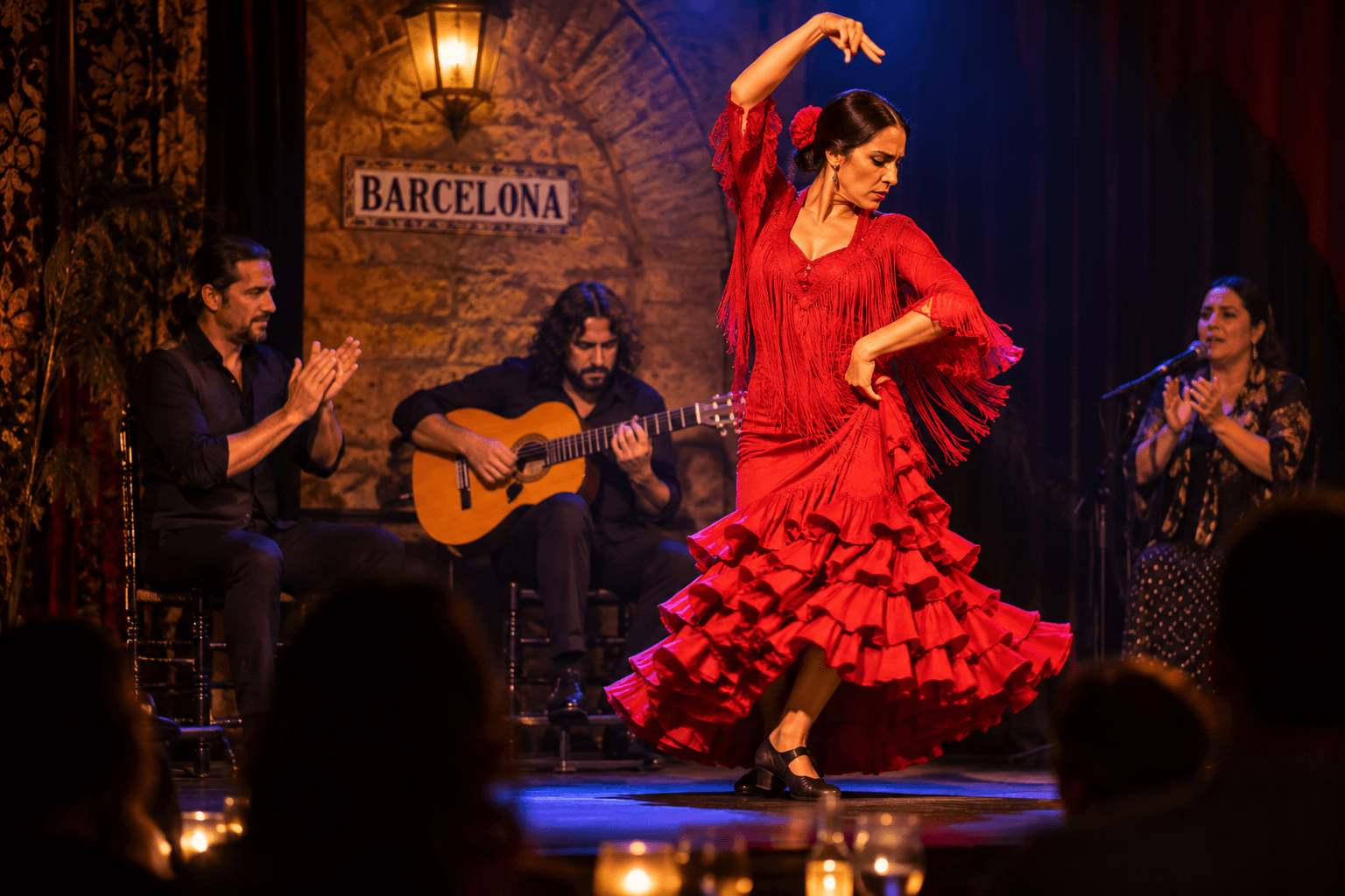 Flamenco dancer performing with live musicians at an intimate flamenco show in Barcelona.