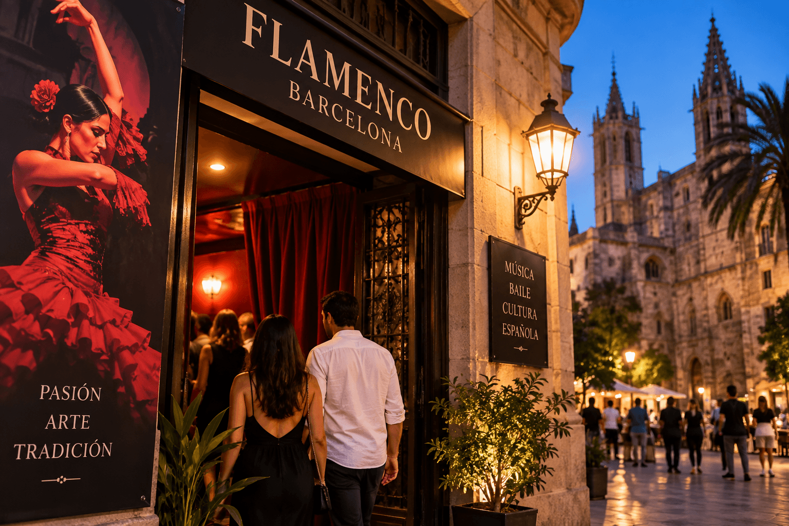 Visitors arriving at a flamenco show in Barcelona during the evening.